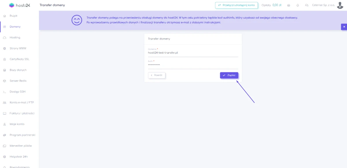Formularz Transfer domeny w panelu hosti24 z polem Domena i polem Auth na kod AuthInfo.