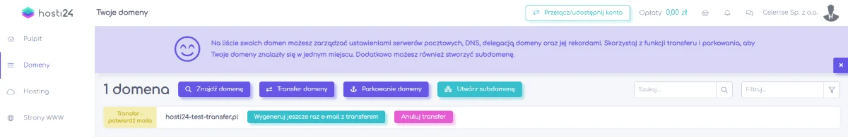 Lista domen w panelu hosti24 z domeną oznaczoną statusem Transfer, potwierdź mailem oraz przyciskami Wygeneruj jeszcze raz e-mail z transferem i Anuluj transfer.