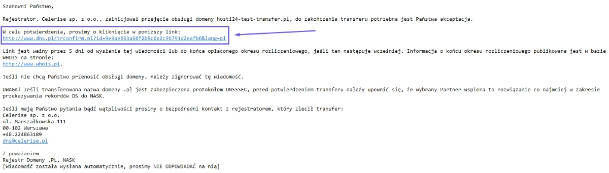 Treść wiadomości od NASK z prośbą o akceptację przejęcia obsługi domeny i linkiem potwierdzającym transfer.
