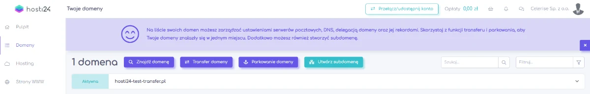 Lista domen w panelu hosti24 z domeną oznaczoną zielonym statusem Aktywna po zakończonym transferze.