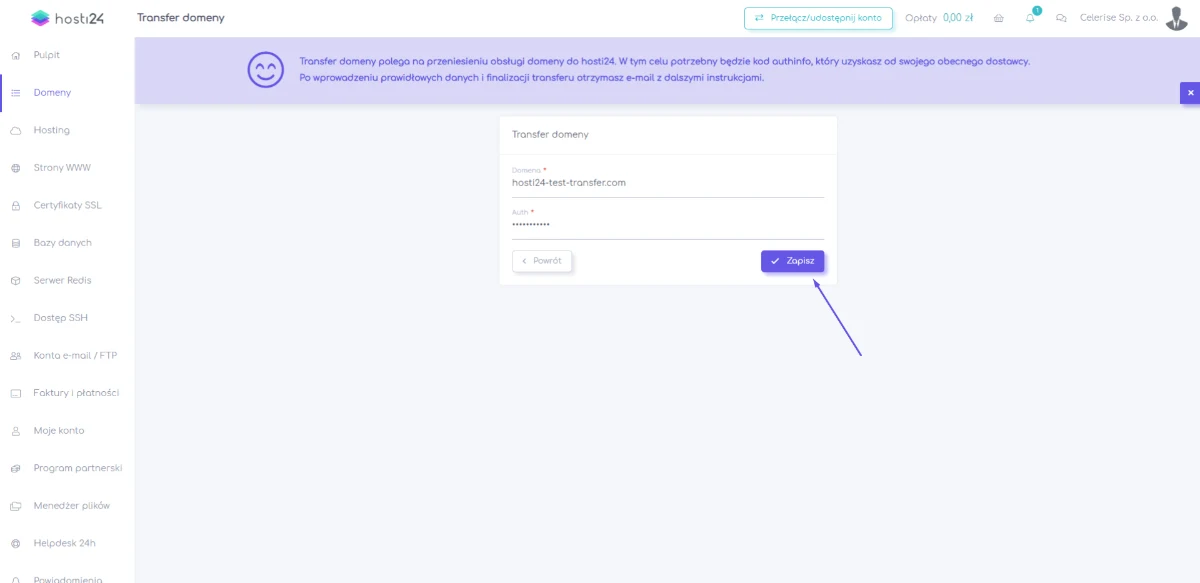 Formularz Transfer domeny w panelu hosti24 z wpisaną domeną z rozszerzeniem .com i polem Auth na kod autoryzacyjny.