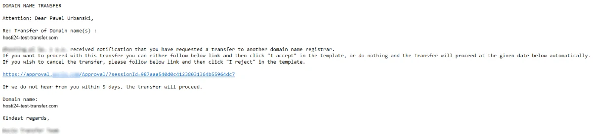 Anglojęzyczna wiadomość Domain Name Transfer od dotychczasowego rejestratora z linkiem do akceptacji lub odrzucenia transferu.