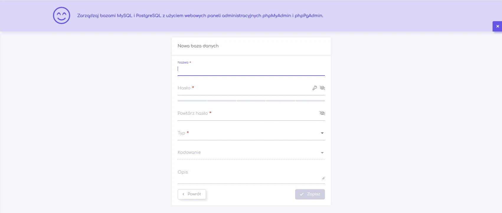 Formularz tworzenia nowej bazy danych MySQL w panelu hosti24