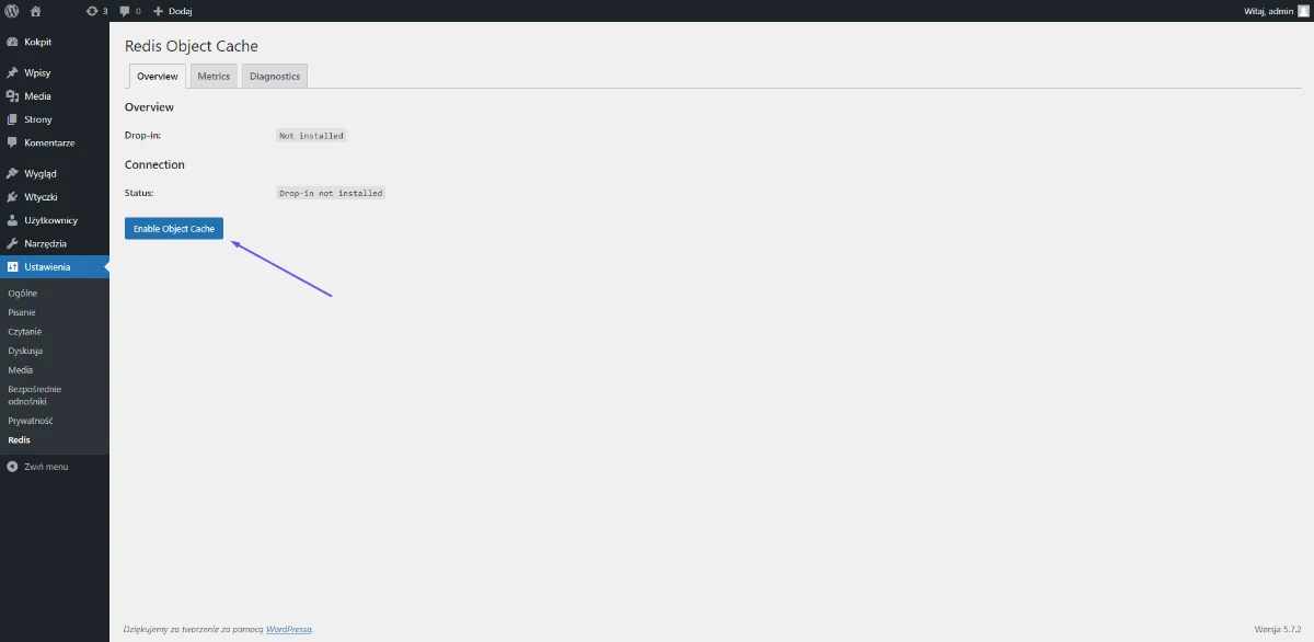 Ustawienia wtyczki Redis Object Cache przed włączeniem: drop-in niezainstalowany i przycisk Enable Object Cache